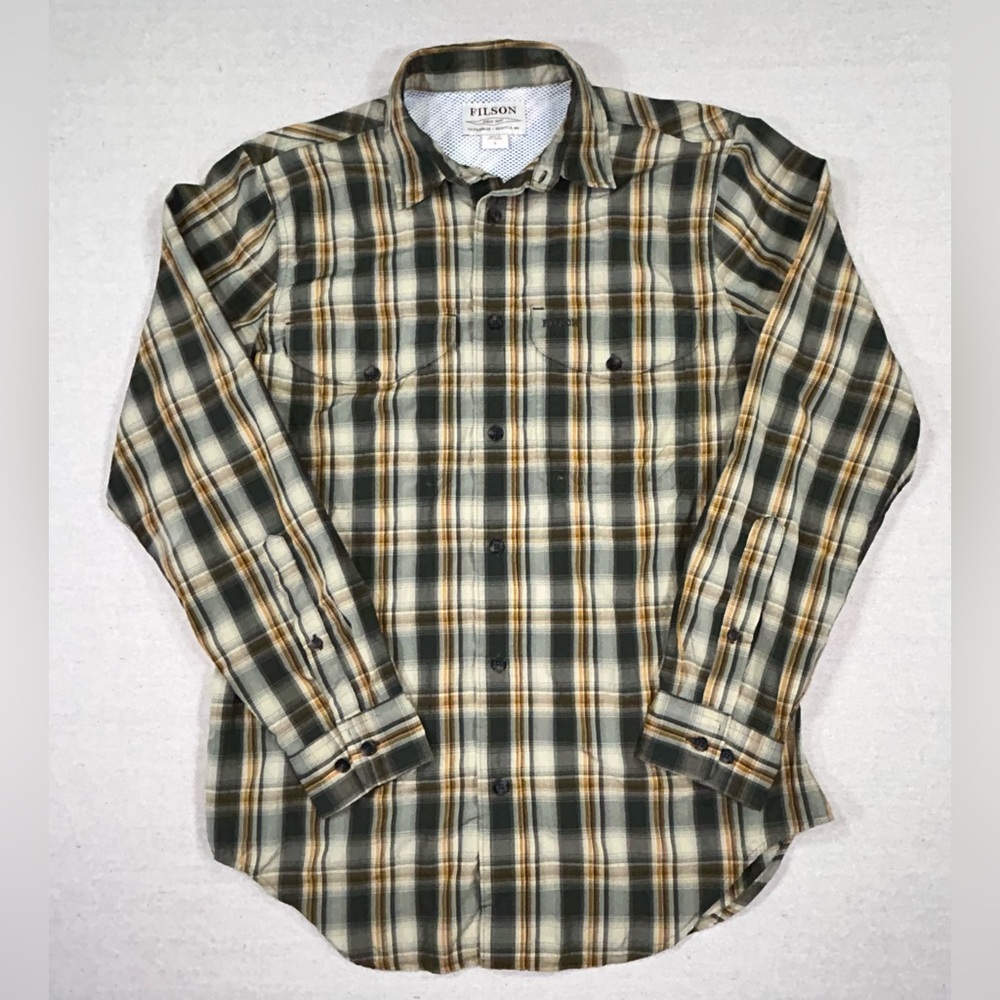 Filson Green and Tan Plaid Casual Button Down Shirt Size Small